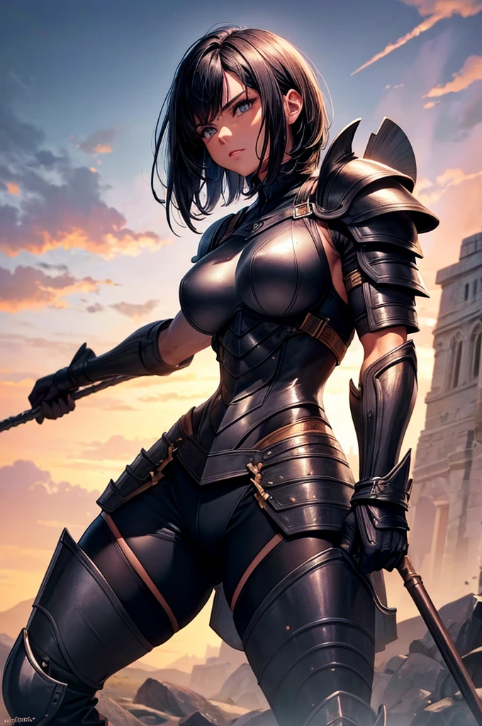 (best quality, masterpiece), woman, black hair, short hair, muscular, aggressive, armor, lightskin, mace, fully clothed