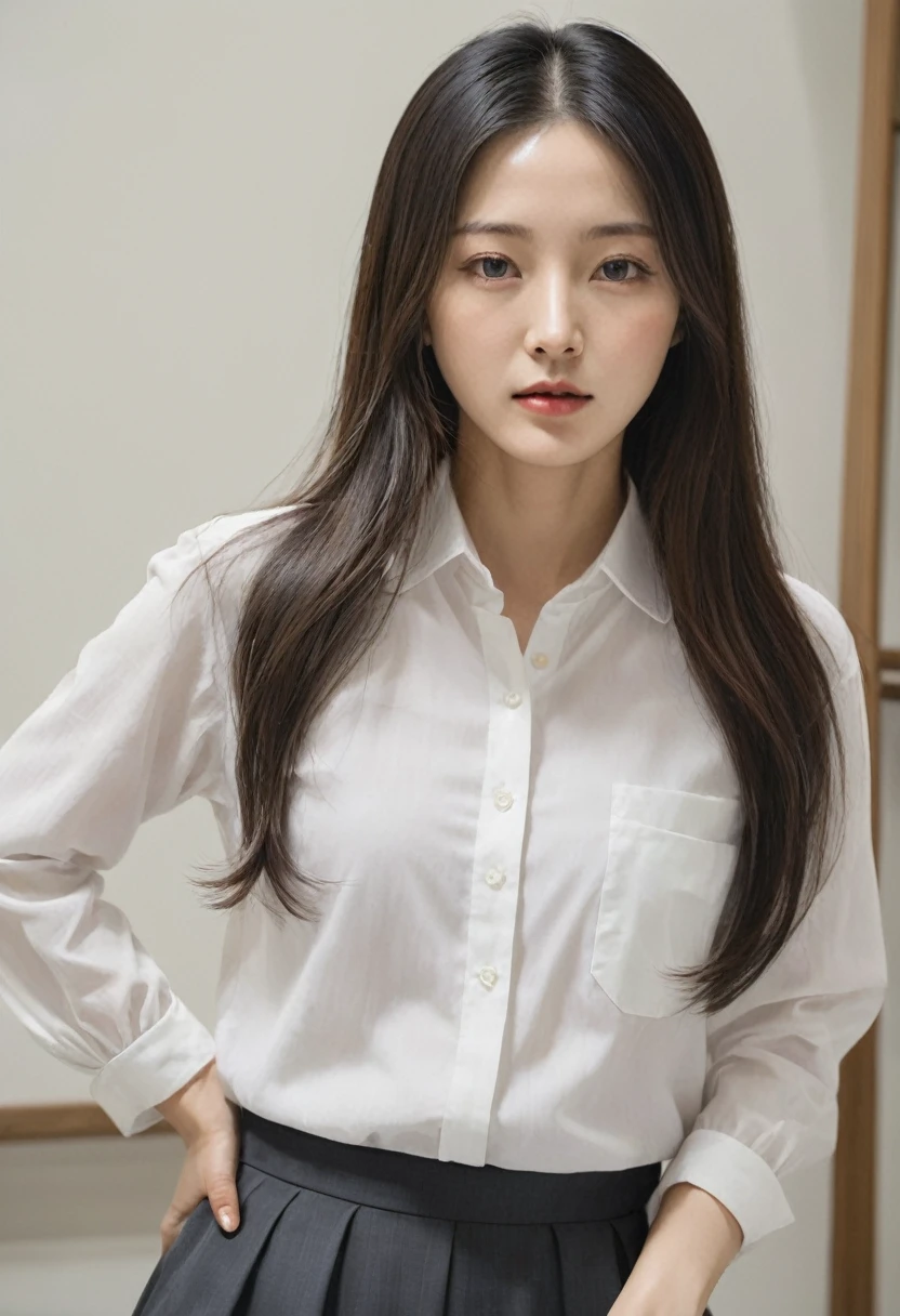 There is a woman with long hair and a white shirt., A painting by Kim Jeong-hee, Doesn&#39;t bounce, What is that?, normal number, korean artist, Minjeong Shin, Jiyoung Kwak, Heonhwa Choi, Louise Zhang, Frontal portrait, jiyun chae