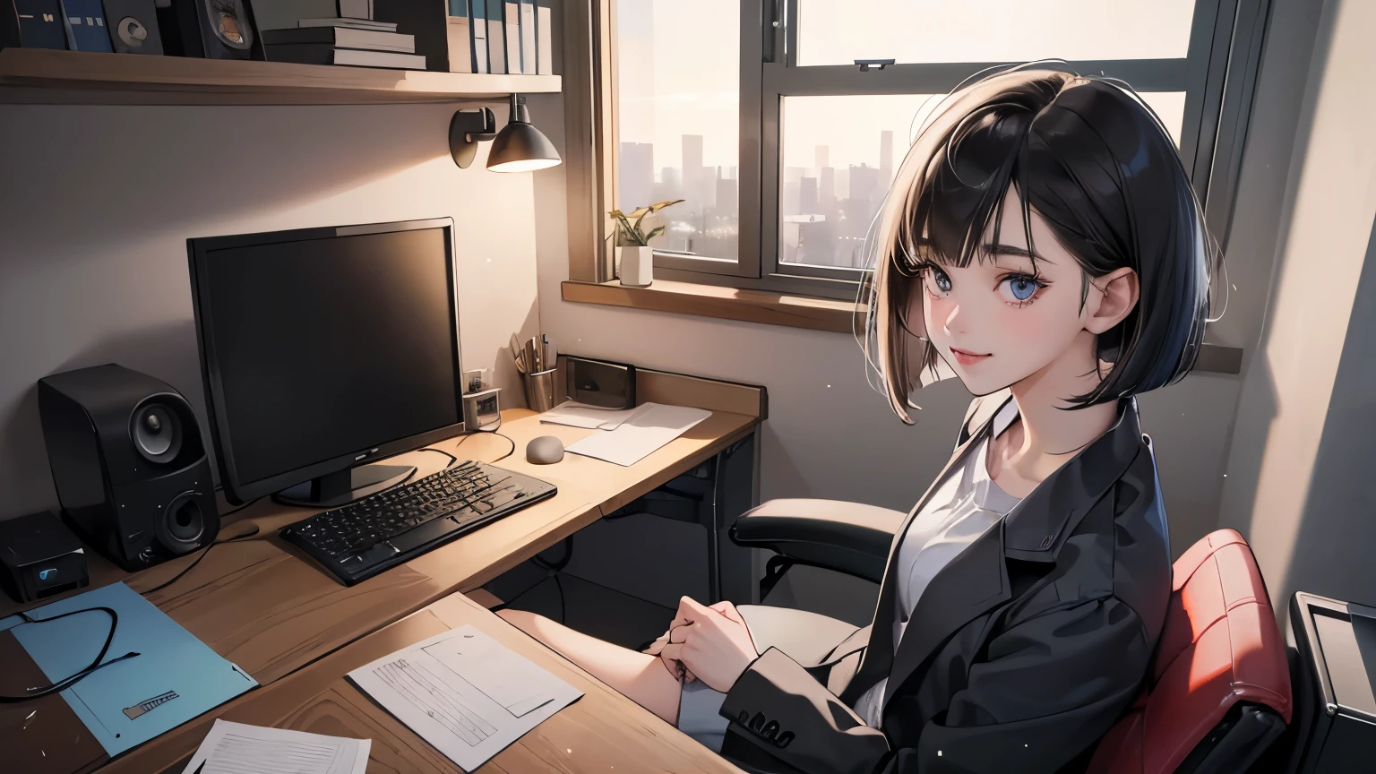 (perfect ???????:1.2)(absurdres, highres, ultra detailed),masterpiece,best quality,high resolution,8k,Realistic face,Realistic skin texture,magnified textures, stunning clarity,detailed anime girl,(ultra detailed eyes and face),(1 girl:1.7)21years old,she is office worker,smile:1.３,black hair, bob cut,natural make,grey jacket,grey pants,black brouse,,sparkling eyes.small nose,roundface,She sits at her desk, she works a tremendous amount of overtime,No one in the office,midnight,Electricity in the office is almost gone,She works with pc,Outside the window is a night view