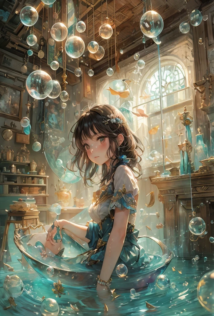 An anime girl in a blue dress、Sitting in a room with bubbles floating around, Anime fantasy illustration, Fantasy art style, artstation pixivでトレンド, Gweiz-style artwork, Beautiful artwork illustration, Anime fantasy artwork, A close-up fantasy using the magic of water, Artgerm Julie Bell Beeple, guweiz on pixiv artstation