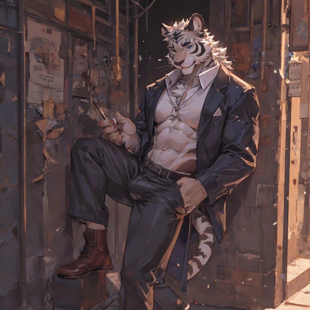 {{bara extremely handsome white tiger student,}} {{white fur,}} white, wearing blazer, trousers, white dress shirt and necktie, white fluffy furry body and limbs, loafers, very tall, very broad shoulders, narrow waist, muscular arms, massive pecs, purple eyes, very long legs, massive bulge, sophisticated hot look, 3/4 view, best quality, leaning on wall in school hallway, high detail, CG image, character splash art, silver earring on left ear, sultry smirk