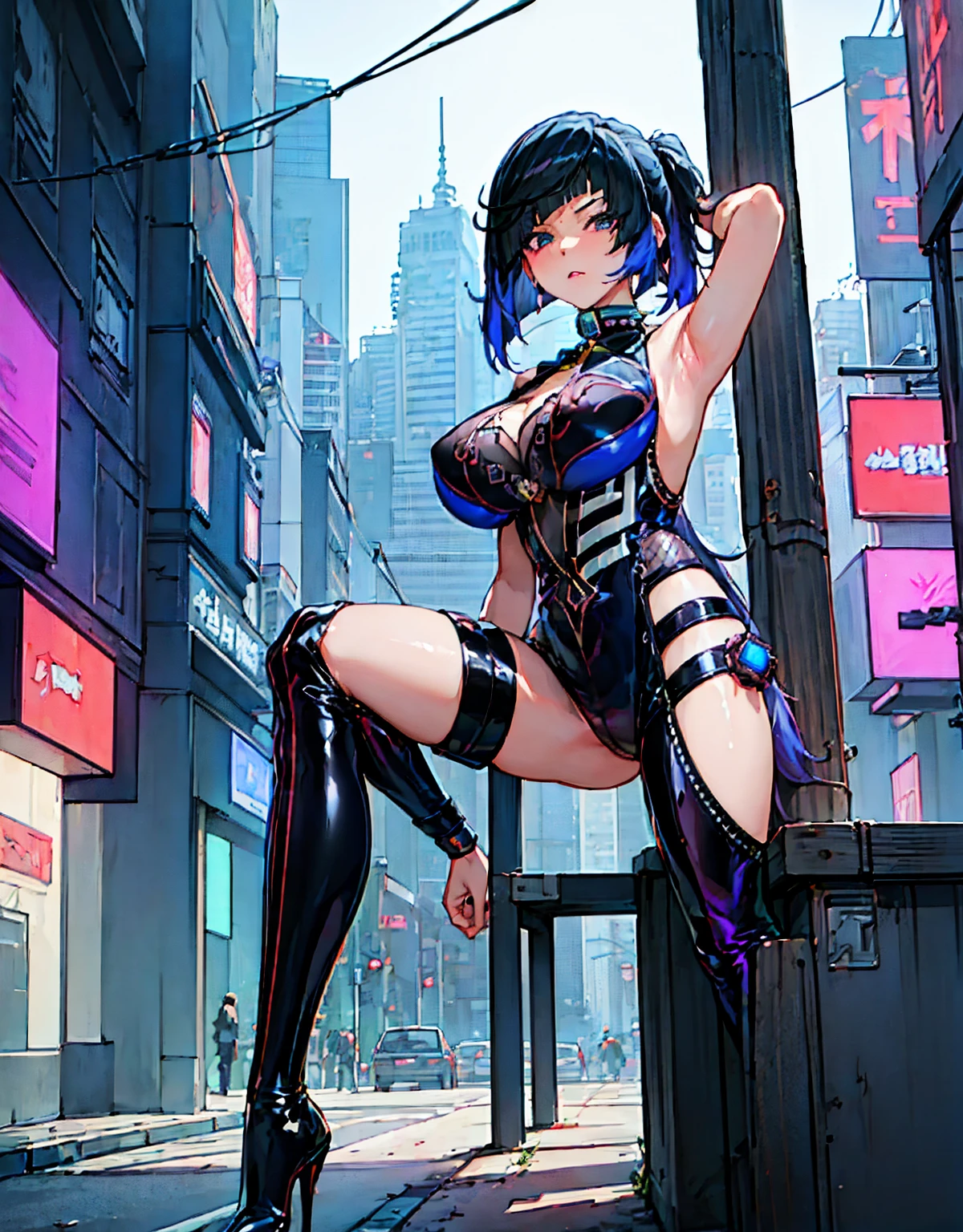 ((best quality)), ((masterpiece)), (detailed), wide open legs, close in view, visible tights, best anatomy, anime girl in black latex posing on the street, seductive anime girl, oppai, wearing latex, black shiny latex, visible armpits, pony tail behind