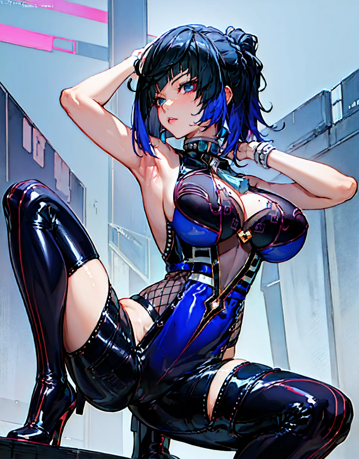 (masterpiece, best quality:1.4) wide open legs, close in view, (half visible tights), anime girl in black latex posing, seductive anime girl, oppai, breast, wearing latex, black shiny latex, visible armpits, ((pony tail behind)), leg spread wide open, tights muscles, face expression in distress, face expression in pain, screaming, squat, smooth latex, body liquid dripping, liquid dripping, liquid pouring down, visible nipples, wet skin, struggling, uncomfortable, discomfort, body sweat, having an orgasm, pussy , female , breathing heavily, terrified, detailed skin texture, fine anatomy, twisting her waist, twisting body, body twisting like a worm in discomfort, bottom up view
