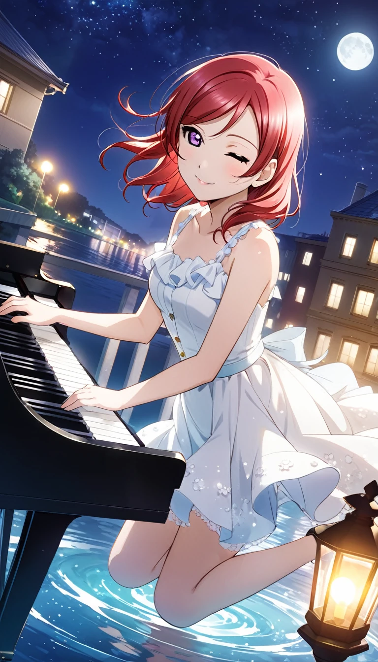 Create an illustration of Maki Nishikino from Love Live. She has red hair and purple eyes, depicted in the highest quality. She is playing a piano floating on water at night. The night sky and moonlight are beautifully illuminating the scene. Her eyes are closed, and she is wearing a white dress.