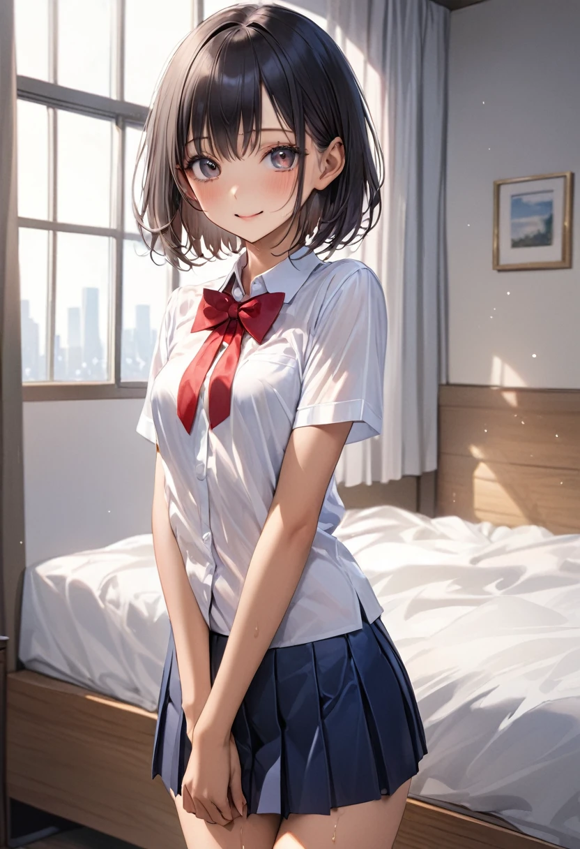 ((realistic)),((masterpiece,Highest quality:1.3,best quality illustration)),cowboy shot,独奏,1woman,18 year old beauty、black hair,short bob hair,bangs,black eyes,(gorgeous big eyes),((very small head:1.3)),shy,smile,((very long body:1.2,skinny)),small breasts,(Collared short-sleeved shirt、red bowtie,Navy blue pleated mini skirt),((tan skin:1.2)),gleaming skin,oily skin,slender body, Simple bedroom、Tokyo、
