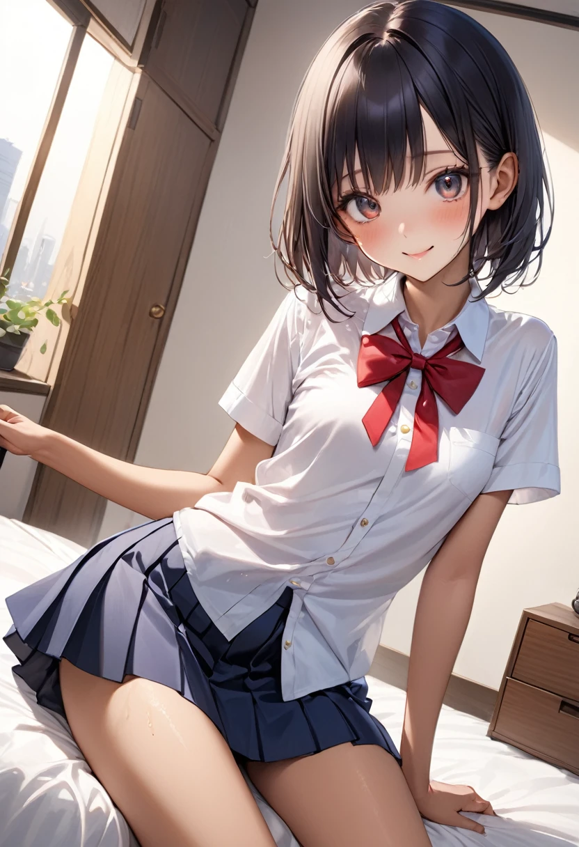 ((realistic:1.3)),((masterpiece,Highest quality:1.3,best quality illustration)),cowboy shot,独奏,1woman,18 year old beauty、black hair,short bob hair,bangs,black eyes,((gorgeous eyes)),((very small head:1.3)),shy,smile,((very long body:1.2,skinny)),small breasts,(Collared short-sleeved shirt、red bowtie,Navy blue pleated mini skirt),((tan skin:1.2)),gleaming skin,oily skin,slender body, Simple bedroom、Tokyo、