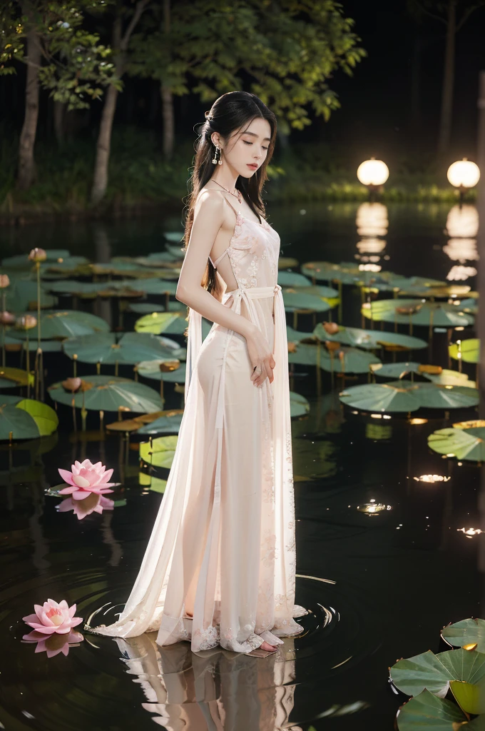 (((best quality))),(((ultra detailed))),(((masterpiece))),illustration,((1 beautiful young  girl,solo)),((slim,thin)),(shoulder length straight hair:1.2),((earrings,necklace)),((small breasts,flat chest)),(see through traditional pink sheer Hanfu dress:1.3),(slender legs:1.2),(beside the lotus pond full of lotus flowers:1.3), serene moonlight, ethereal,floral pattern, water movement, billowing fabric, tranquil, moon reflection, petals, fireflies, magical, light,warm light, dreams, invitation, (standing:1.3),(arms behind back:1.3),gazing, reflection, inner thoughts, emotional, sweet scent, natural beauty, solitude, hypnotic lull, eternal summer night, natural world, human spirit, celebration, backdrop, water, glow,((from front,full body))