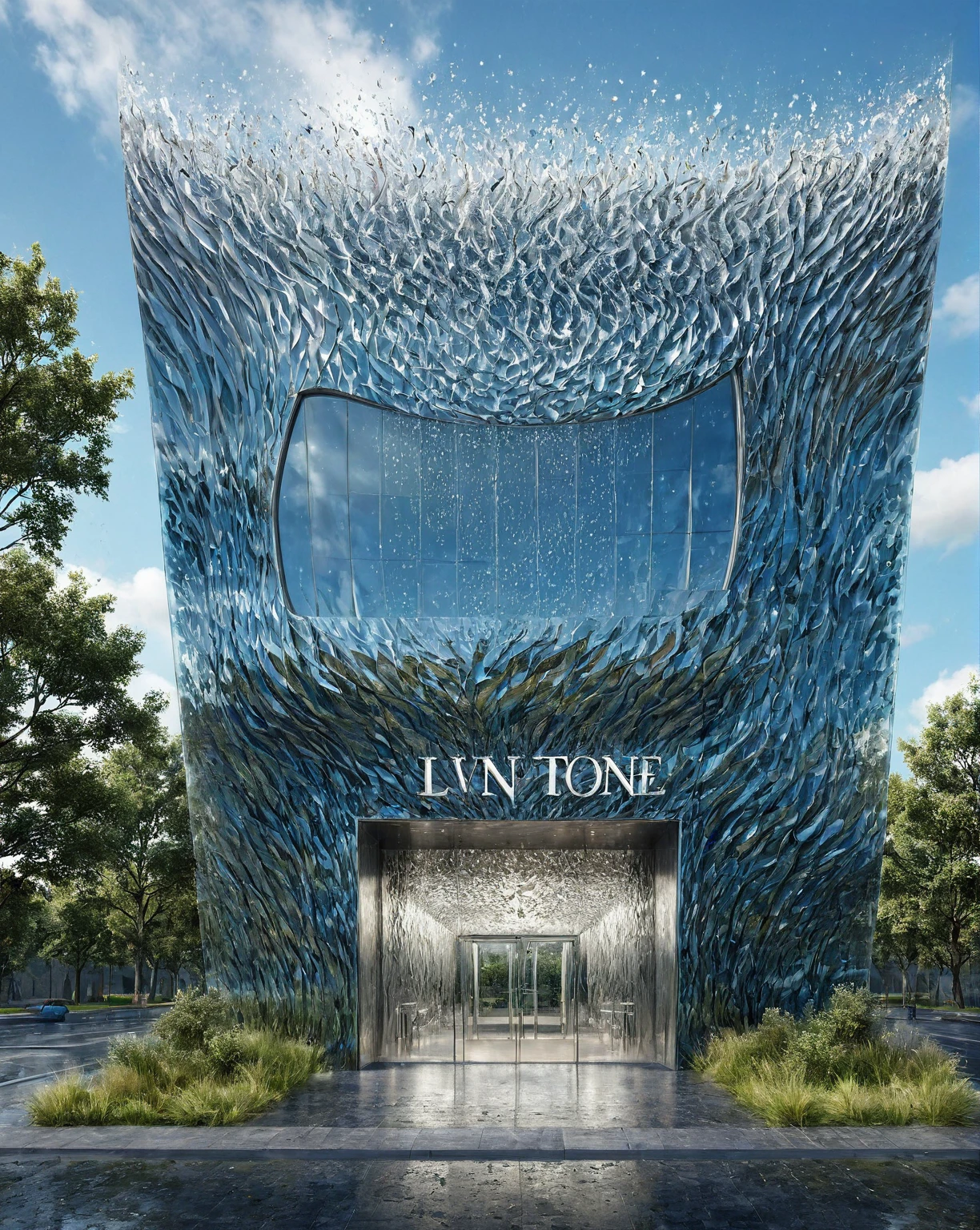 Raw photo,Masterpiece, high quality, best quality, authentic, super detail, exterior, outdoors,A striking ONETONE storefront with a dynamic, wave-like architectural design. The building facade features flowing, silver-toned structures resembling a mythical creature in motion. The prominent LV logo is displayed on the upper left. The glass windows reveal a luxurious, well-lit interior with elegant displays. The modern and artistic design stands out against the urban backdrop, grass, trees, blue sky, (daylight:1.1), ((realistic photo)),(rain:1.3)