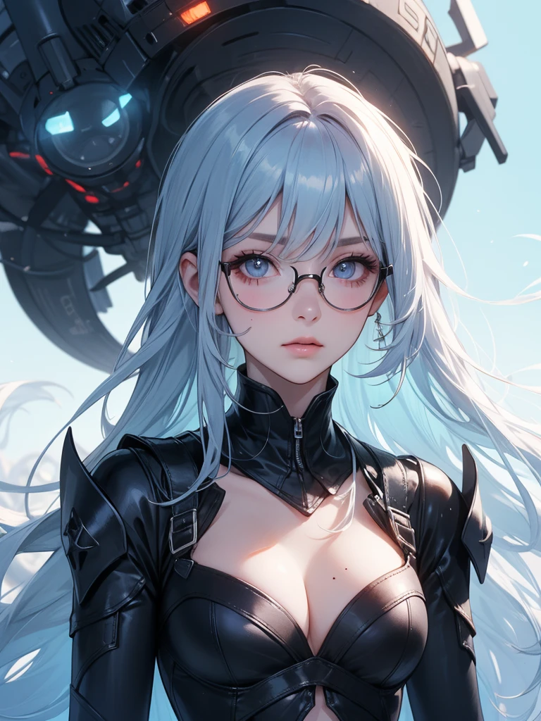 pretty的脸蛋, best quality, Ultra-high resolution light, Glowing skin, Delicate skin, Delicate face, Delicate eyes, pretty, Light blue hair, Straight Hair, Flowing hair, Big Hair, Moles under the eyes, Wearing glasses, Red frame glasses, Sci-fi scene, Gorgeous and dreamy background, Skinny navy metal suit, Thick belt.