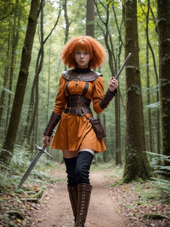17 year old girl, Lovely, orange hair, Very short, Very curly, slim, flat bust, with freckles on the face, with slavic features, steampunk dress, Whole body, two hands, sword in right hand, shows her legs, In the woods.