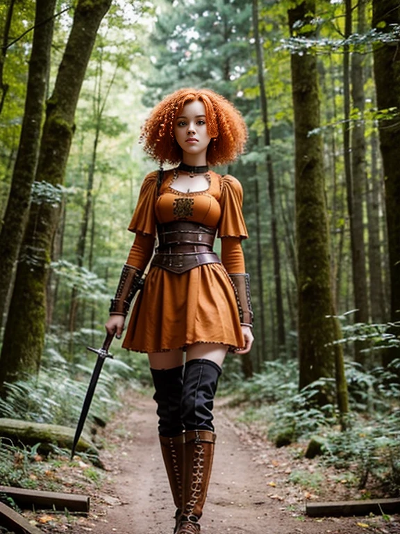 17 year old girl, Lovely, orange hair, Very short, Very curly, slim, flat bust, with freckles on the face, with slavic features, steampunk dress, Whole body, two hands, sword in right hand, shows her legs, In the woods.