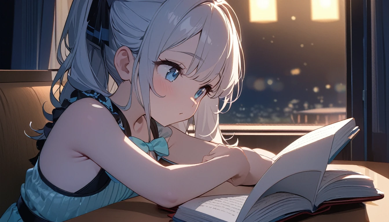 First-class quality,8K resolution,masterpiece,Fresh,Close-up shot,Chinese little girl bows her head to read a book,Sitting at the table,Fashion suspender top,Fair skin,Bright colors,Summer Night,The background is a window,Night view outside the window