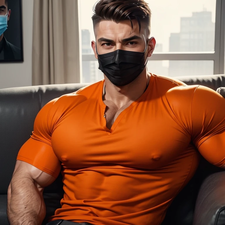 a very handsome man, with a surgeon's mask, with a Mid fade haircut, massively muscular, with massively large muscles, wearing an orange shirt, lying on a sofa, seen up close