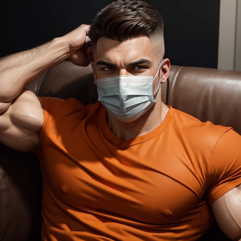 male posing, downed pants, big dick, skinny body, atmospheric, square masculine face, mask, nude, blowjob, dark atmosphere, skinhead