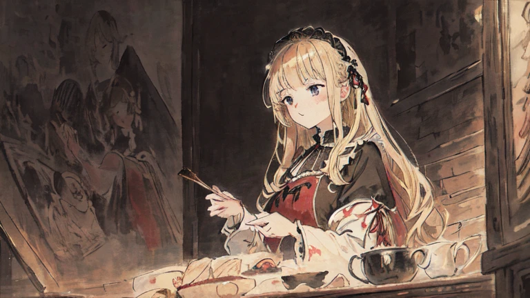 masterpiece, best quality, Extremely delicate and beautiful girl,Extremely delicate and beautiful, world masterpiece theater, Extremely detailed, Very detailed, best quality, Blonde Hair, high resolution, Extremely detailed,1 Girl, best quality, illustration, Looking at the audience, Dough, canvas, painting, realistic, realist ,real,,Gothic Lolilack and Red,Big scene