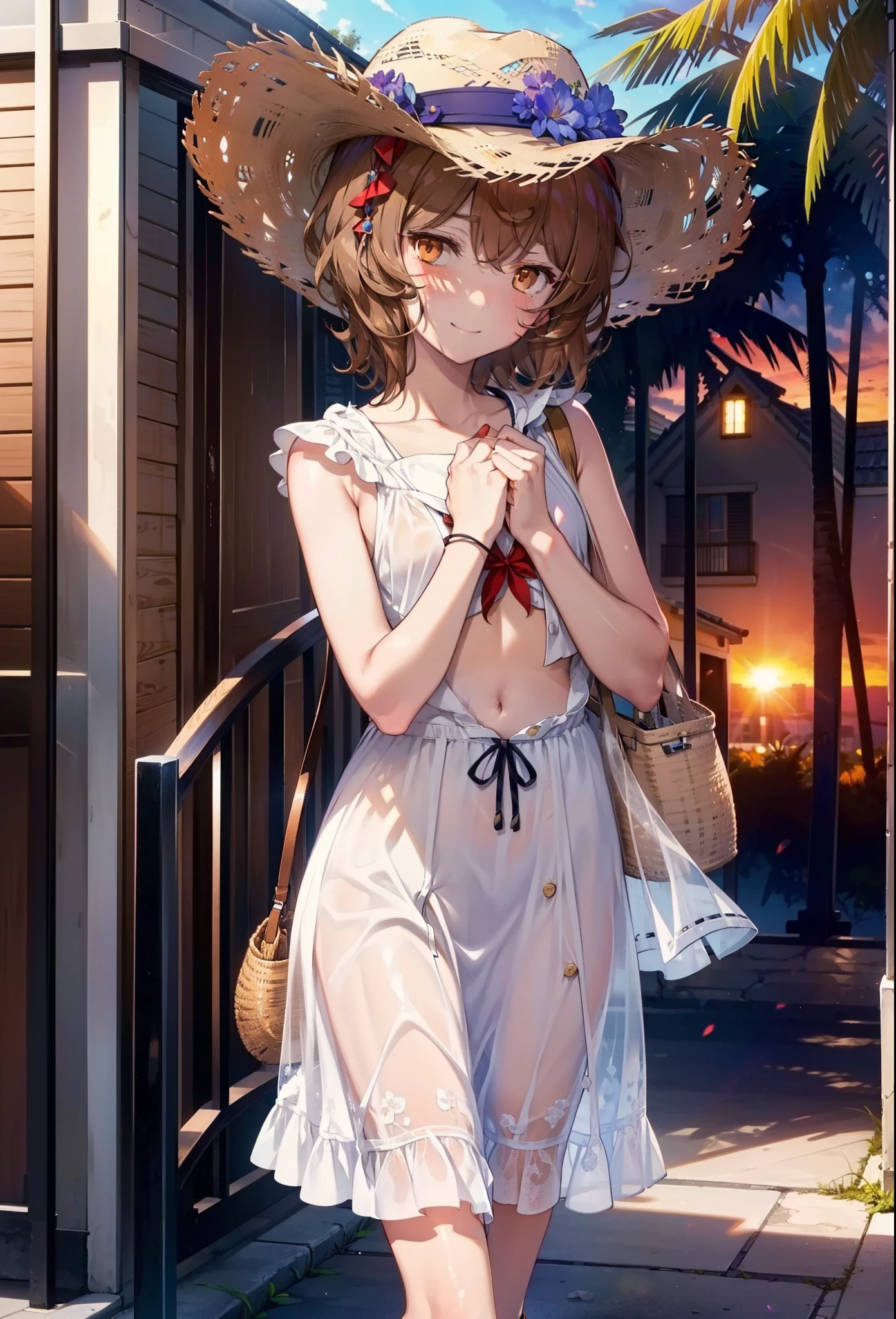 Lililukarde, Liliruka gets burned, , (Brown eyes:1.7), Brown Hair, (Flat Chest:1.2), smile,blush,Straw hat short hair,White sleeveless dress,Long skirt,Heeled Sandals,Walking,sunset,evening,The sun is setting,whole bodyがイラストに入るように,
break looking at viewer,whole body, (Cowboy Shot:1. 5)
break outdoors, Building district,Palm tree,Tropical,
break (masterpiece:1.2), Highest quality, High resolution, unity 8k wallpaper, (figure:0.8), (Beautiful attention to detail:1.6), Highly detailed face, Perfect lighting, Highly detailed CG, (Perfect hands, Perfect Anatomy),