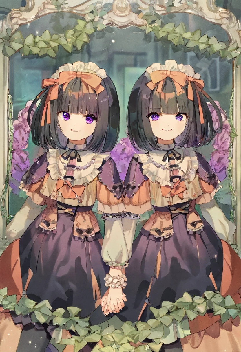 score_9, score_8_up, score_7_up, score_6_up, Character concept art of two twins holding hands, lolita fashion, split white and black hair, creepy smiles, purple eyes with abstract white shapes in them, surrounded by arcing chains and mirrors, high detail establishing shot. cinematic, bokeh, use of color theory