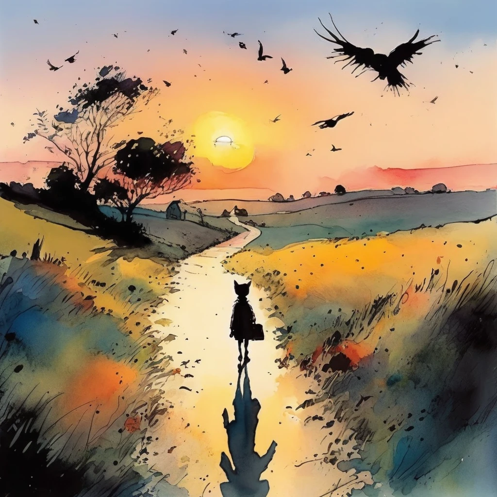 Quentin Blake style photo 、sunset、animals、way home、portraite、high resolution、shadow step、highest quallity、work of art、very detailled