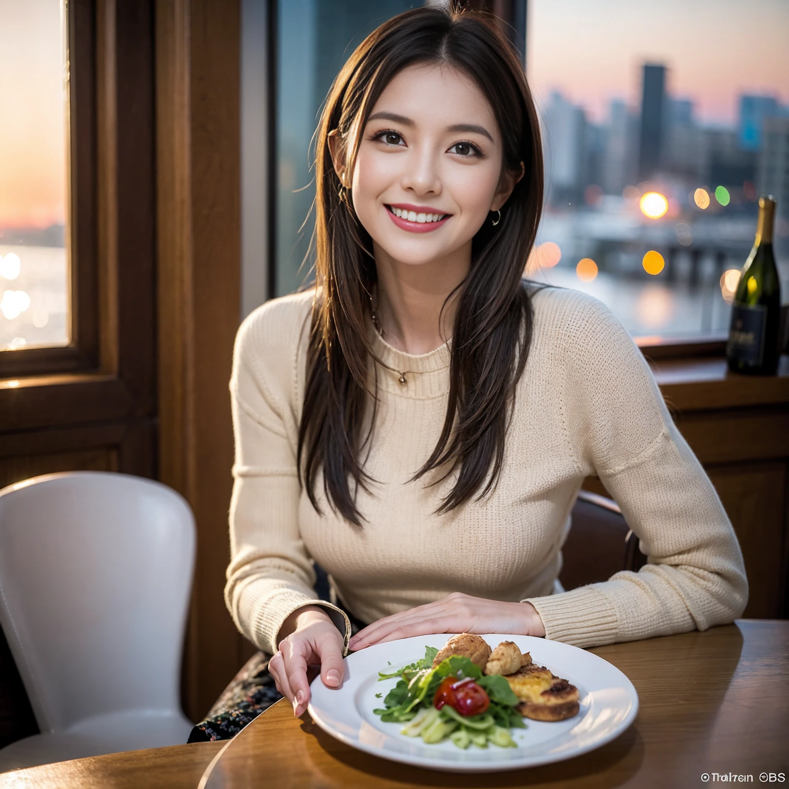 (Realistic:1.1),(masterpiece,Highest quality),8k,(40 years old), 42 years old, slimカップル、Model Couple、actress/actor、Tight waist,Upper Body,full-course dinner、wine 、Amazing view of the sunset sky and clouds、Perfect ???????, Brown Hair, short hair,Random Hairstyles,((Highly detailed face and eyes:1.2))(cute顔:1.4),美しいactressの顔,Perfect golden ratio face,Long sleeve shirt、dress,(smile:1.2)、Shortcuts、cute、(Realistic, Intricate details:1.2), A bright smile、short hair,Bright Face、赤wine 、Appetizers、Italian food、wine bottle、Champagne、スパークリングwine、(slimな顔), (The body is slim), (Brown Hair), (Shortcuts), Upper Body, 白wine, slim, wineグラス,