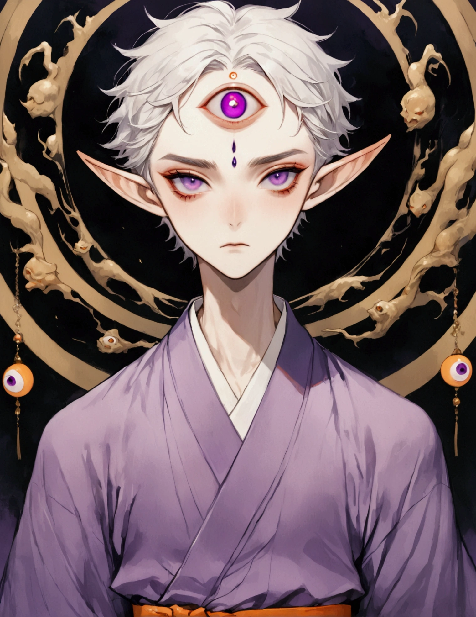 (masterpiece, best quality), Japanese cartoons, Japanese cartoons style, illustration,艺术illustration，Dark Style，(((1 boy，solo，The third eye on the forehead，Elf ears))),(((Gorgeous Japanese purple kimono：1.6，Eye))).(((Thin waist，Orange belt：1.37)))whole body，Death Stare Background。