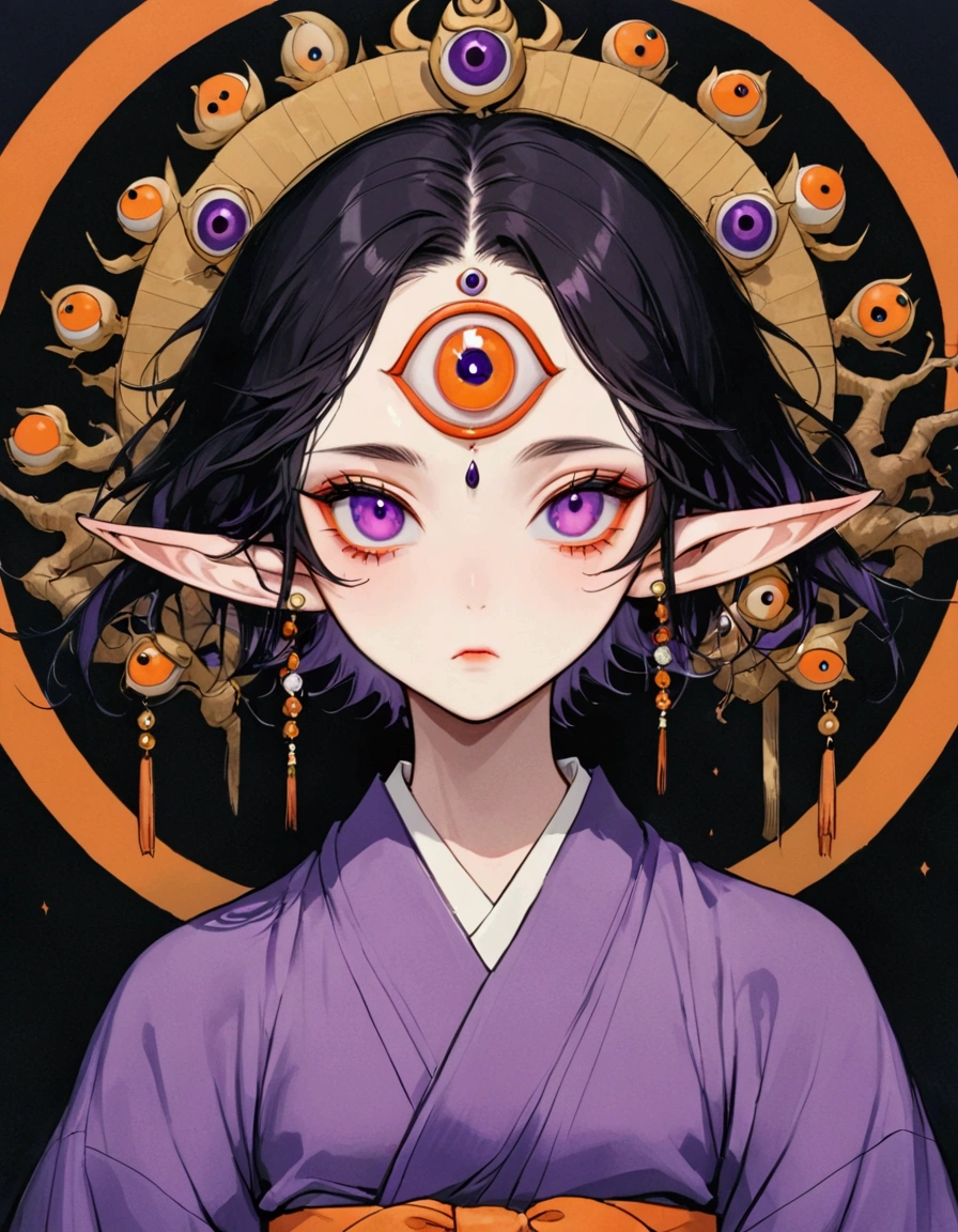 (masterpiece, best quality), Japanese cartoons, Japanese cartoons style, illustration,艺术illustration，Dark Style，(((1 boy，solo，The third eye on the forehead，Elf ears))),(((Gorgeous Japanese purple kimono：1.6，Eye))).(((Thin waist，Orange belt：1.37)))whole body，Death Stare Background。