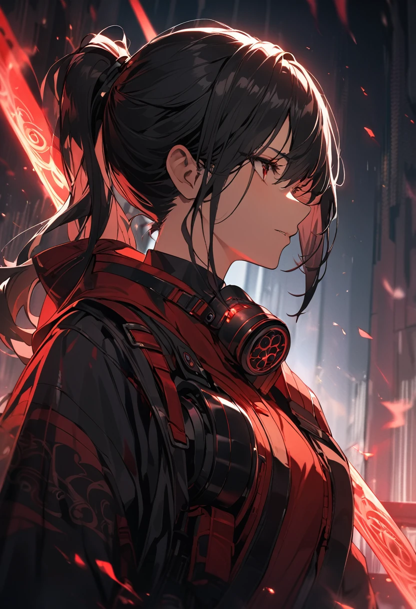 A woman,matured, perfect anatomy, high tech gas mask,long pony tail hair(black hair),red aura,red magic circle,long samurai sword,closeup cinematic lighting, cinematic angle,side view