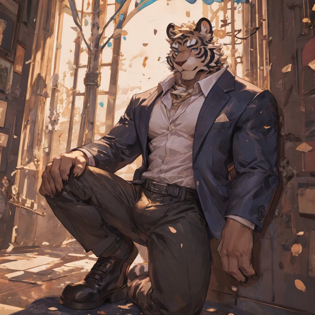 {{bara extremely handsome white tiger student,}} {{white fur,}} white, wearing blazer, trousers, white dress shirt and necktie, white fluffy furry body and limbs, loafers, very tall, very broad shoulders, narrow waist, muscular arms, massive pecs, purple eyes, very long legs, massive bulge, sophisticated hot look, 3/4 view, best quality, leaning on wall, high detail, CG image, character splash art, silver earring on left ear, sultry smirk
