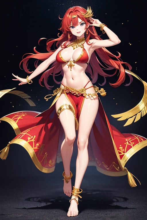 Anime Art、Full body portrait、Dancer in the fantasy world、A woman around 34 years old, about 175cm tall, dancing, wearing a red bikini, loincloth and lots of obi cloth、Red eyeshadow、Red lipstick、A strong smile、Her hair is wavy and semi-long、Red hair、Slit eyes、Blue Eyeilitary cap、Gold earrings、Gold Necklace、Gold Circlet、Gold Bracelet、Gold Anklet、barefoot