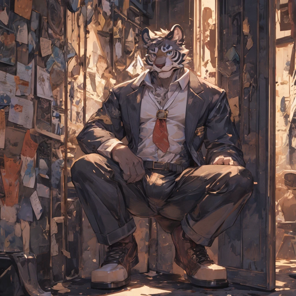 {{bara extremely handsome white tiger student,}} {{white fur,}} white, wearing  blazer, trousers, white dress shirt and necktie, white fluffy furry body and limbs, loafers, very tall, very broad shoulders, narrow waist, muscular arms, massive pecs, purple eyes, very long legs, massive bulge, sophisticated hot look, 3/4 view, best quality, leaning on wall, high detail, CG image, character splash art, silver earring on left ear, sultry smirk