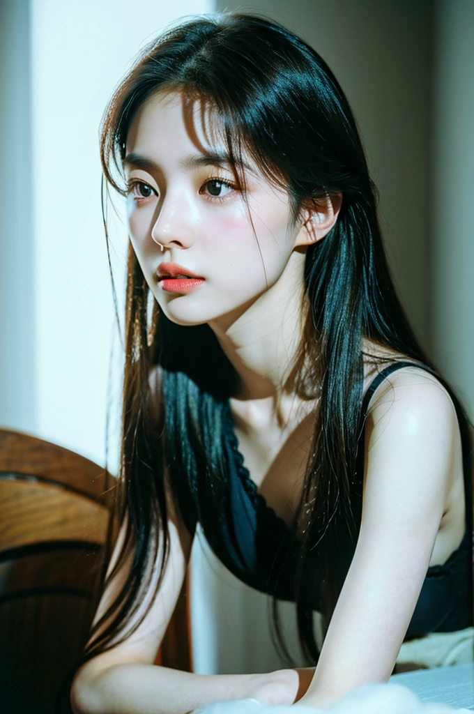 (table top 、best quality 、HDR UHD 、professional)、((You might be one of the people in the world, but、It could be a world of one person、paradox、Adrian Ghenie、Jenny Savile、Edward Hopper、The Dark Art of James Zinn、takato yamamoto))、(raw photo、top quality)、((Nostalgia、Chile in the 1980s))、(girl in a literary mood:1.2)、(realistic、realistic:1.3)、very delicate and beautiful、amazing、in detail、 masterpiece, very detailed, highest resolution, best illustration, best shadow,convoluted,depth of field,1 girl,(long legs:1.4),length hair,hair is messy,(((low key,dark scene,faint)))),maintain,(((soft lighting:1.4))),(pale skinned:1.4),(be ashamed),(movie angle),sharp focus, volumetric fog, 8k words, digital SLR, high quality,(film grain:1.4), Fujifilm XT3,(look at the viewers)