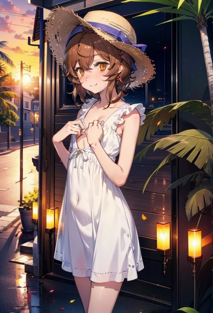 Lililukarde, Liliruka gets burned, , (Brown eyes:1.7), Brown Hair, (Flat Chest:1.2), smile,blush,Straw hat short hair,White sleeveless dress,Long skirt,Heeled Sandals,Walking,sunset,evening,The sun is setting,whole bodyがイラストに入るように,
break looking at viewer,whole body, (Cowboy Shot:1. 5)
break outdoors, Building district,Palm tree,Tropical,
break (masterpiece:1.2), Highest quality, High resolution, unity 8k wallpaper, (figure:0.8), (Beautiful attention to detail:1.6), Highly detailed face, Perfect lighting, Highly detailed CG, (Perfect hands, Perfect Anatomy),