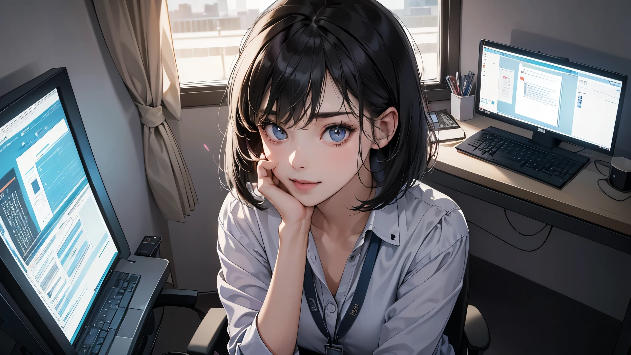 (perfect anatomy:1.2)(absurdres, highres, ultra detailed),masterpiece,best quality,high resolution,8k,Realistic face,Realistic skin texture,magnified textures, stunning clarity,detailed anime girl,(ultra detailed eyes and face),(1 girl:1.7)21years old,she is office worker,smile:1.3,black hair, bob cut,natural make,grey jacket,grey pants,black brouse,,sparkling eyes.small nose,roundface,She sits at her desk, she works a tremendous amount of overtime,No one in the office,midnight,Electricity in the office is almost gone,She works with pc,Outside the window is a night view