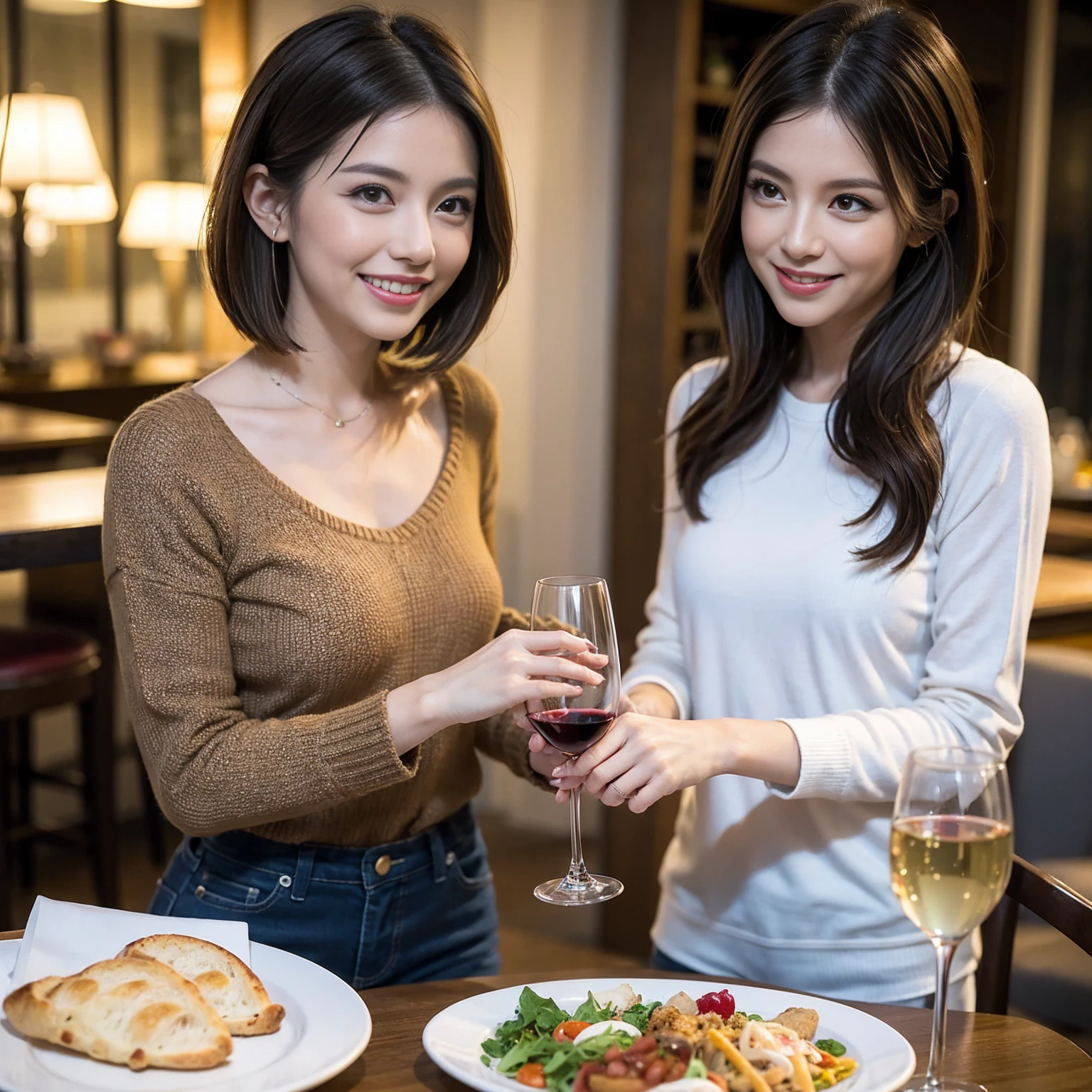 (Realistic:1.1),(masterpiece,Highest quality),8k,(40 years old), 42 years old, slimカップル、Model Couple、actress/actor、Tight waist,Upper Body,full-course dinner、wine 、Amazing view of the sunset sky and clouds、Perfect Anatomy, Brown Hair, short hair,Random Hairstyles,((Highly detailed face and eyes:1.2))(cute顔:1.4),美しいactressの顔,Perfect golden ratio face,Long sleeve shirt、dress,(smile:1.2)、Shortcuts、cute、(Realistic, Intricate details:1.2), A bright smile、short hair,Bright Face、赤wine 、Appetizers、Italian food、wine bottle、Champagne、スパークリングwine、(slimな顔), (The body is slim), (Brown Hair), (Shortcuts), Upper Body, 白wine, slim, wineグラス,