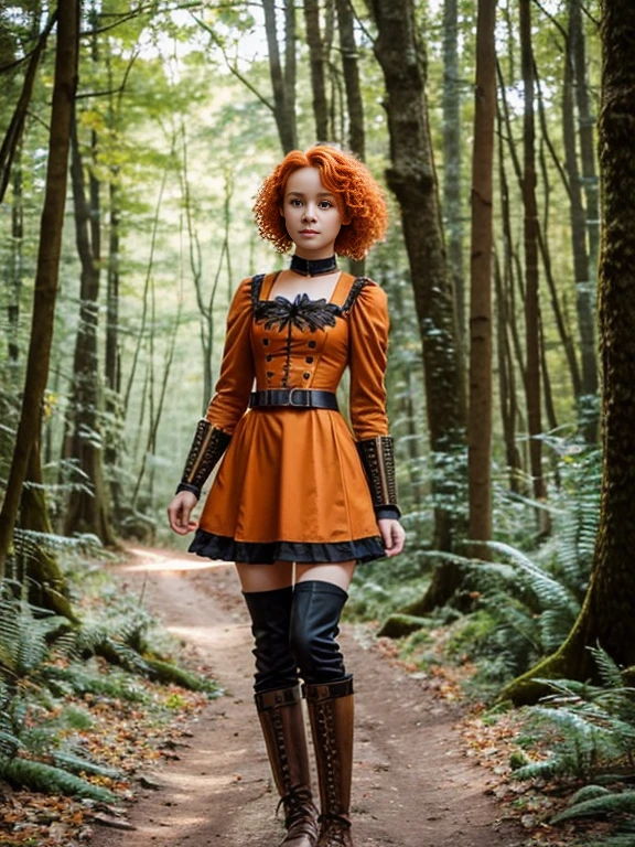 17 year old girl, Lovely, orange hair, Very short, Very curly, slim, flat bust, with freckles on the face, with slavic features, steampunk dress, Whole body, two hands, sword in right hand, shows her legs, In the woods.