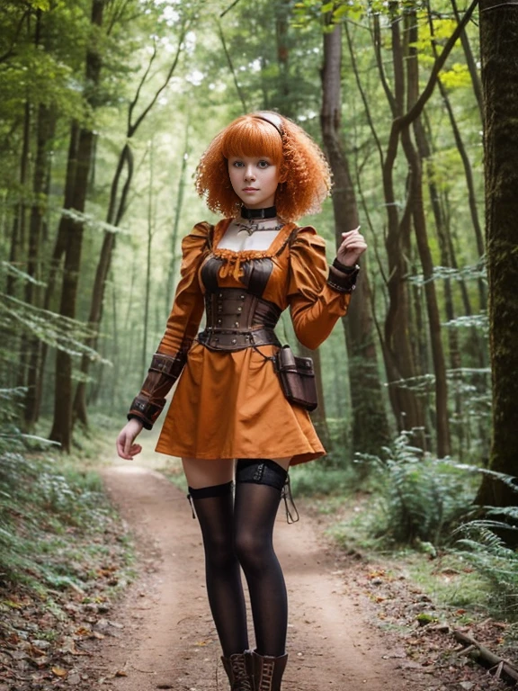 17 year old girl, Lovely, orange hair, Very short, Very curly, slim, flat bust, with freckles on the face, with slavic features, steampunk dress, Whole body, two hands, sword in right hand, shows her legs, In the woods.