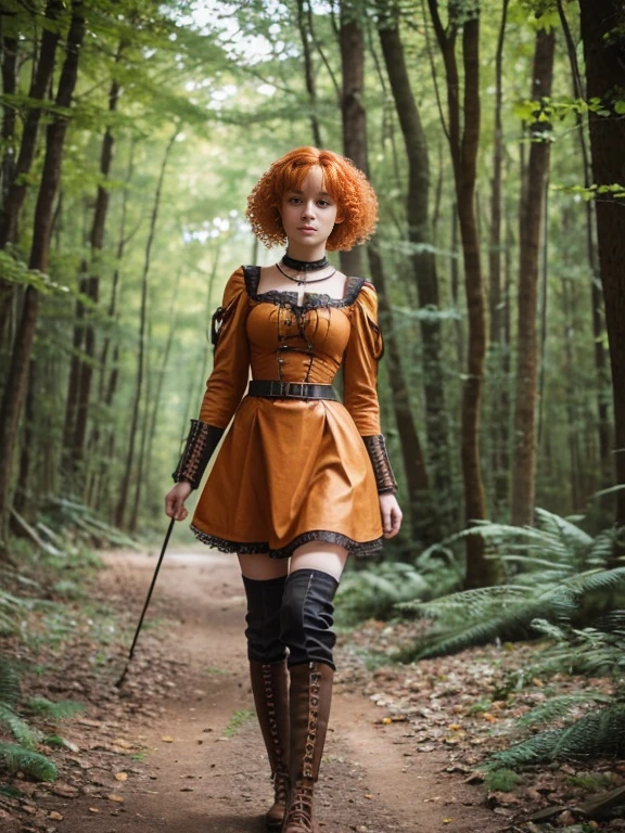 17 year old girl, Lovely, orange hair, Very short, Very curly, slim, flat bust, with freckles on the face, with slavic features, steampunk dress, Whole body, two hands, shows her legs, In the woods.