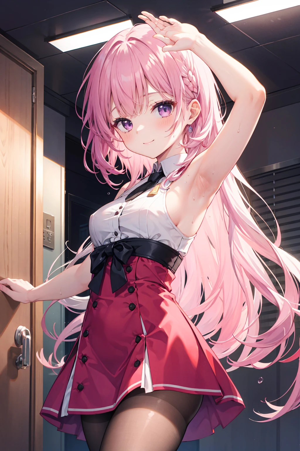 One person girl,Pink medium long hair,indoor,165cm height,Bust 55cm,Purple eyes,Red dress,White pantyhose,bare hands臂,bare hands,Raise your arms above your shoulders for an armpit pose,Armpit sweat,smile,7 figure itsuukasa Ayas