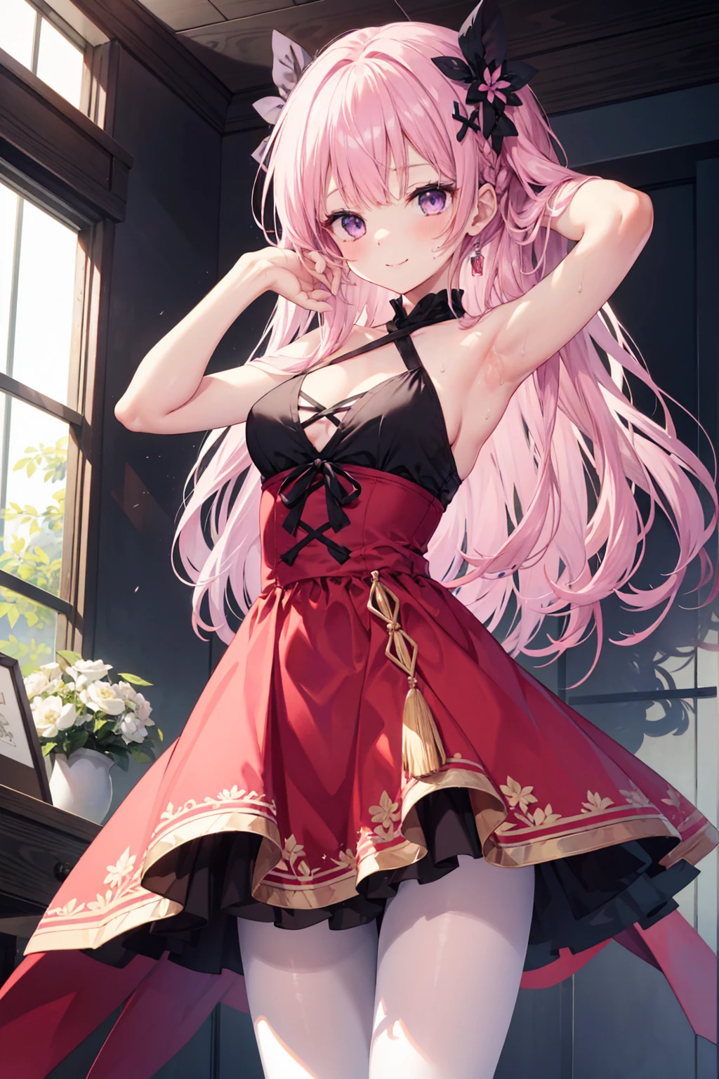 One person girl，Pink medium long hair，indoor，165cm height，Bust 55cm，Purple eyes，Red dress，White pantyhose，bare hands臂，bare hands，Raise your arms above your shoulders for an armpit pose，Armpit sweat，smile，7 figure itsuukasa Ayas