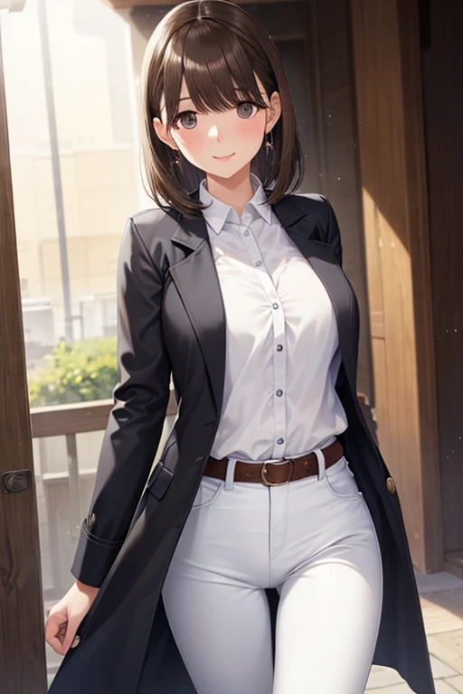 anegasaki nene、Shiny brown hair, short hair, (Beautiful brown eyes、Sparkling eyes, Fine grain)、smile、超Detailed eyes、Highly detailed face, 非常にDetailed eyes,


(high quality, High resolution, Fine details), Cowboy Shot、
break (Black long coat),
 break (White shirt, White pants), 
 Stylish decorations, alone, Curvy Women, Stylish hairstyle, Sparkling eyes, (Detailed eyes:1.2), smile, blush, Sweat, Oily skin, Shallow depth of field
