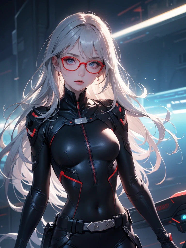 realisitic、tits out、Cyberpunk、cleavage of the breast、Beautifully shaped breasts、Raw feet、Cyber City、natta、nightcity、look up sky、Look up、Take your eyes off、Don't look at the camera、((top-quality)), ((masterpiece)), (high-detail:1.3), 3D, Beautiful fece、mechanical suit、Near Future Cyber Suit、Red Black Cyber Suit、Red-Black Robot Costume、Right arm is mechanical、Right-arm robot、Silvery hair、Silver-haired shortcut、eye glasses、Straddling a robot chair