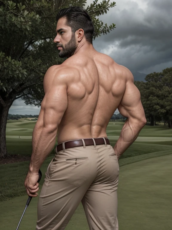 Masterpiece, Best Quality, High resolution, close-up portrait, (1 chico:1.4) A man in golf pants with belt, muscular, shirtless, male focus, focus alone, tanned skin, 38-year-old man in golf course., muscular, strong, furry, masculine, (shirtless: 1.2), in the background a farm, in a storm, amazing composition, back view, HDR, volumetric lighting, (plano general, FROM THE BACK:1.2) (GS-Macho :1.5) (magnificent landscape:1.2), macho, thick forearms, thick arms, huge thighs, large hips, big and round butt
