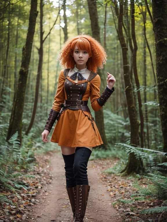  girl, Lovely, orange hair, Very short, Very curly, slim, flat bust, with freckles on the face, with slavic features, steampunk dress, Whole body, two hands, shows her legs, In the woods.