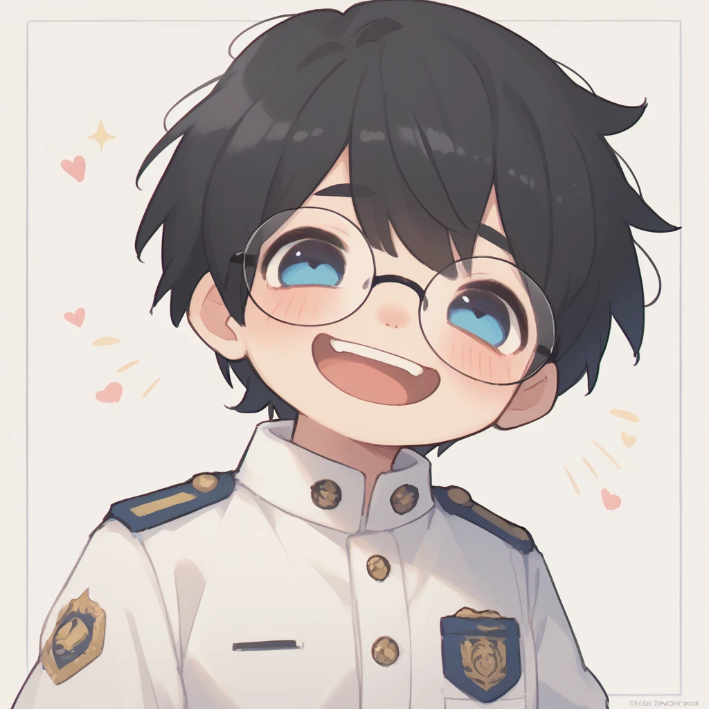 
One boy,High resolution, masterpiece, Black Hair, Silly laughter/Proud laugh, blue eyes, Uniform Short Cut, Glasses