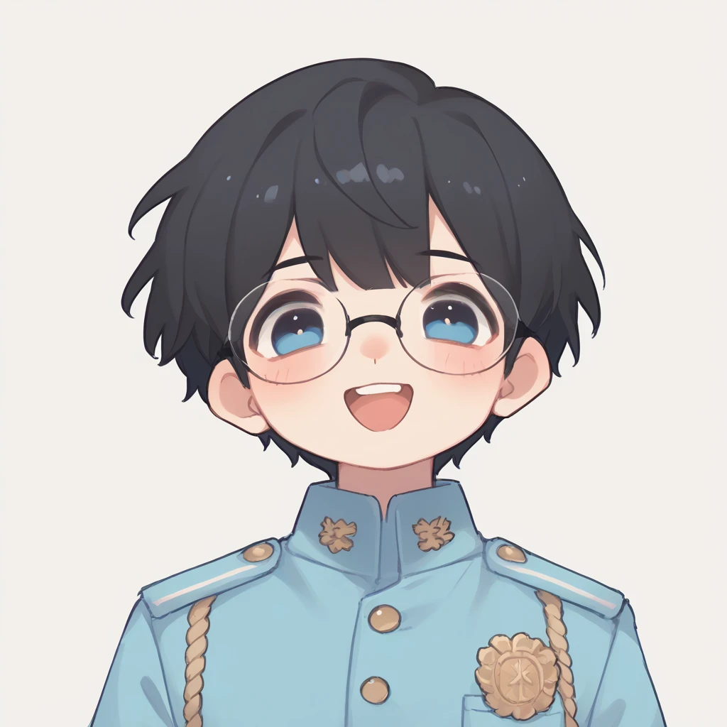 One boy,High resolution, masterpiece, Black Hair, Silly laughter/Proud laugh, blue eyes, Uniform Short Cut, Glasses