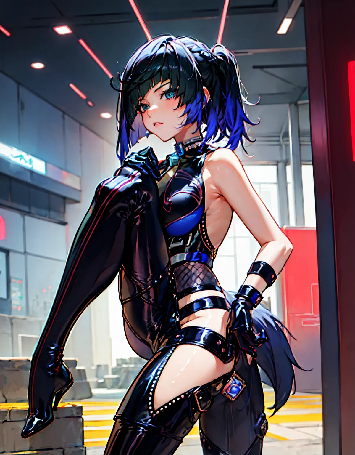 ((best quality)), ((masterpiece)), (detailed), anime girl in black latex posing on the street, female cyberpunk anime girl, oppai cyberpunk, wearing latex, digital cyberpunk anime art, black shiny latex, visible armpits, seductive anime girl, pony tail behind, wide open legs
