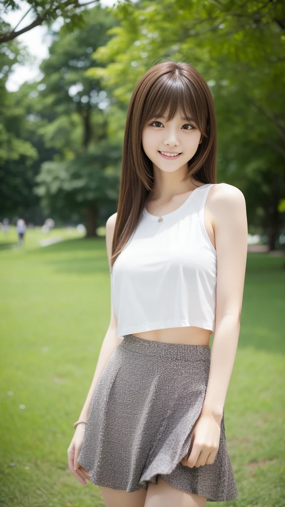 Ultra-high resolution, Superior Quality, Highest quality, Very detailed, Realistic, 8k, RAW Photos, Highest quality, masterpiece, Attractive girl, Awesome girl, Brown Hair, Shoulder-length layers, 非対称のbangs, K-POPアイドル, Sophisticated, stylish, Shibuya Ward, ((masterpiece)),(((Highest quality))),Thin thighs,Long legs,Park Background,Tank top、White Skirt、18-year-old,bangs,A small smile,Random Pause,pretty girl,Slender girl,The best smile