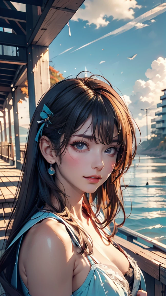 masterpiece,((Clear lines)),  Limited edition palette,Highest quality, Flat Color, Low contrast, ((One girl)),(((Very delicate and beautiful girl))),(Beautifully detailed face),(Beautiful attention to detail),{Long Hair},hair ornaments,((Middle chest)),Long black hair,Hair Ribbon, , Are standing,((View your viewers:1.6)), View from below,Beautifully detailed skies,Bright sky,Cloudy,sunlight, (Detailed Light),Lighting,colorful,Ocean,Beach, bridge,The way to school,Skyscraper, autumn, mist、Lace-up sandals