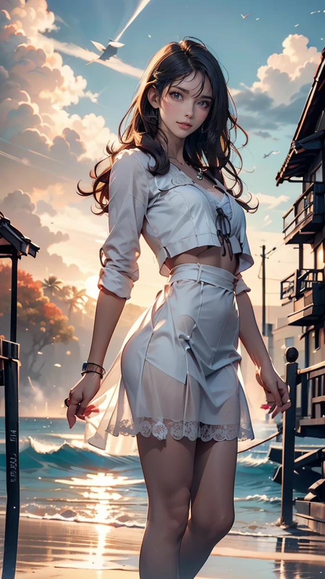 masterpiece,((Clear lines)), Limited edition palette,Highest quality, Flat Color, Low contrast, ((One girl)),(((Very delicate and beautiful girl))),(Beautifully detailed face),(Beautiful attention to detail),{Long Hair},hair ornaments,((Middle chest)),Long black hair,Hair Ribbon, , Are standing,((View your viewers:1.6)), View from below,Beautifully detailed skies,Bright sky,Cloudy,sunlight, (Detailed Light),Lighting,colorful,Ocean,Beach, bridge,The way to school,Skyscraper, autumn, mist、Lace-up sandals