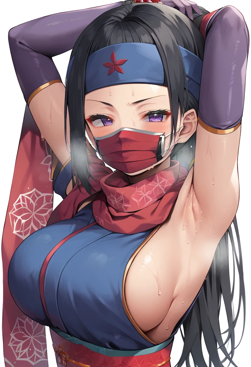 score_9, score_8_up, score_7_up, source_anime, rating:general, masterpiece, best quality, 1girl, armpits, breasts, mask, solo, ninja mask, purple eyes, gloves, mouth mask, purple gloves, sweat, scarf, elbow gloves, japanese clothes, ninja, blush, looking at viewer, long hair, short kimono, kimono, arms up, red scarf, large breasts, black hair, sideboob, low ponytail, sash, white background, presenting armpit, shiny skin, sleeveless, upper body, very long hair, covered mouth, half-closed eyes, simple background, ponytail, obi, sleeveless kimono