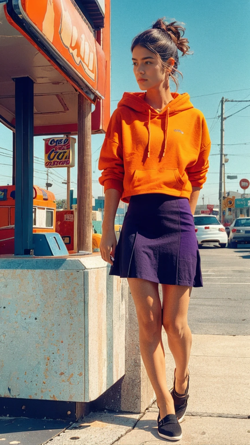 (medium cinematic shot portrait), of cute 23 yo girl ,wear ((orange color oversized_hoodie)), wear ((purple tennis skirt)),looking front,Best Quality,Masterpiece,Ultra High Resolution,(Realisticity:1.4),Original Photo, 1Girl, light leak,ultra high resolution,UHD,beautiful, (black bob hair), almond eye, no makeup, looking at camera,in front of ((80's colorful gas station)), (realistic:1.2), (surreal:1.3), (very detailed:1.1), ((masterpiece)),summer, blue sky, palm trees,sunny, los angles vibes,film camera, 800mm lens,style of Philip Lorca diCorcia